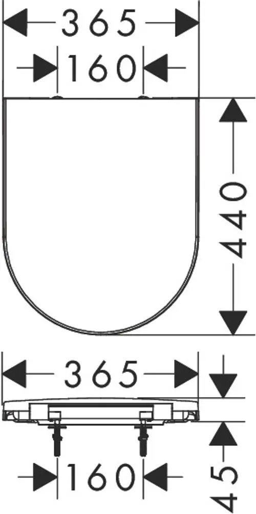 Weißer WC-Sitz mit ovaler Form. Zeichnung zeigt Maße und Installation. Konstruiert für den Einsatz mit Hansgrohe-Produkten.